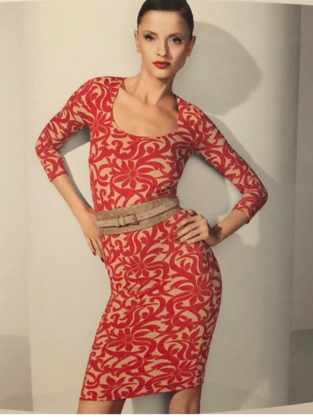 Wolford Red and Cream Patterned Midi Bodycon Dress